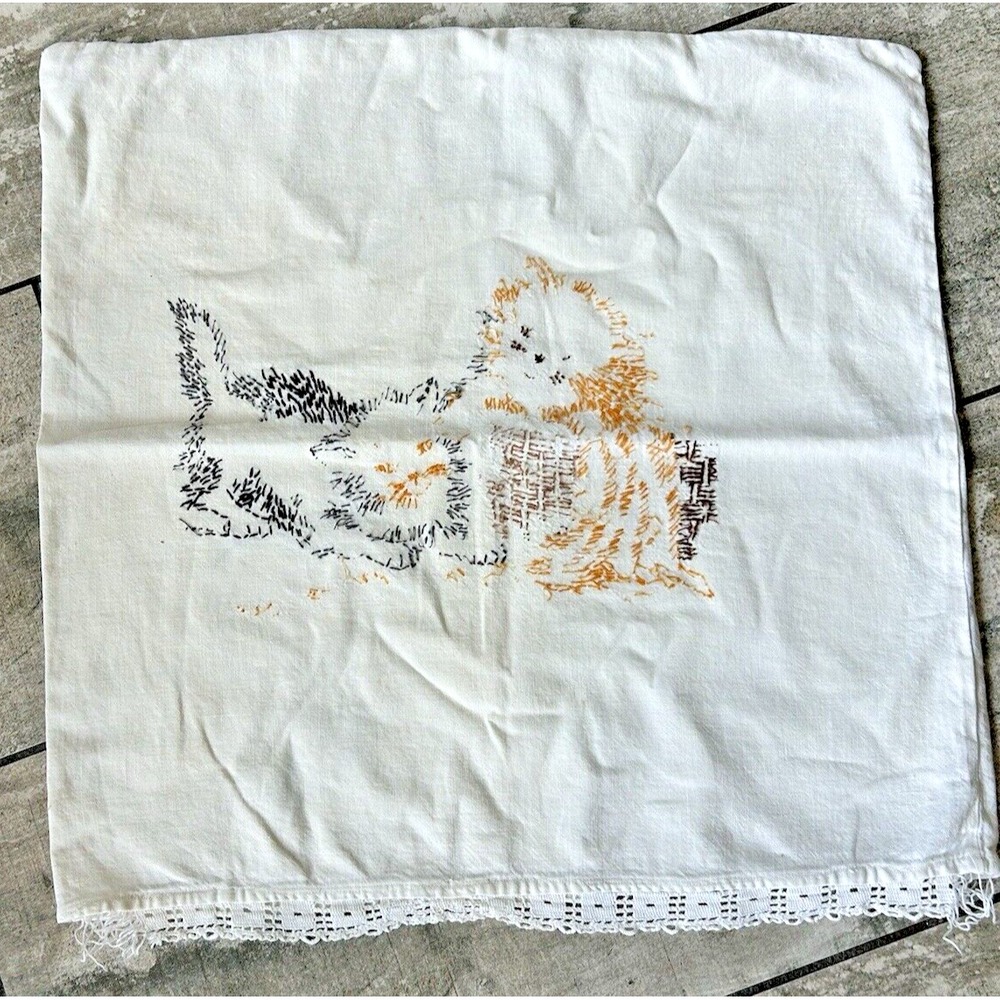 Vintage Folky Hand Stitched Embroidered Kitten Cottage core Antique Pillow Case‎